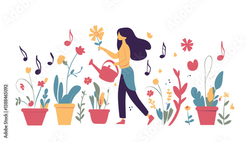 Wallpaper Mural A woman is watering plants that produce music in a garden full of vibrant and cheerful colors, depicted in a flat modern illustration style Torontodigital.ca