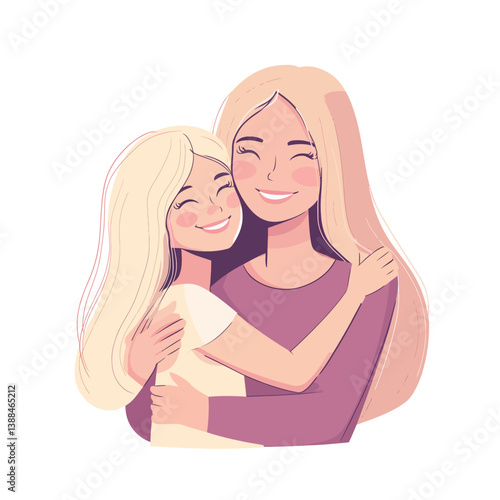A mother and daughter are embracing warmly in a modern flat art style depiction