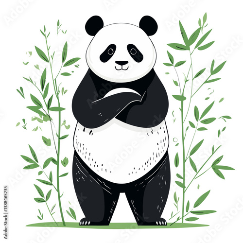 A panda is depicted standing serenely amidst bamboo in a contemporary, flat, and vibrant artistic piece