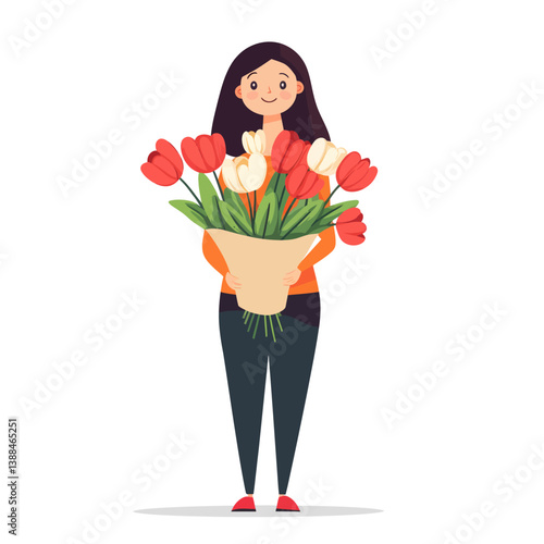 Woman clutching a colorful array of flowers in a contemporary flat artistic style