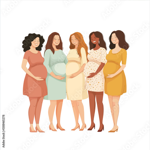 A group of expectant mothers are depicted smiling together in a modern flat art style illustration