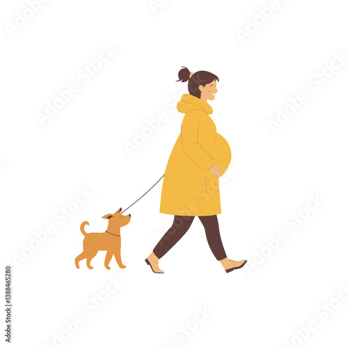 Modern art features a pregnant woman walking her dog in a minimalist flat design style