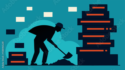 Data Mining A silhouette of a data scientist digging through large stacks of digital files reminiscent of mining for valuable insights within datasets.