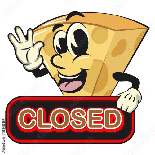 cute cheese cartoon isolated vektor illustration mascot character showing a sign that says closed while waving his hand, work of hand drawn