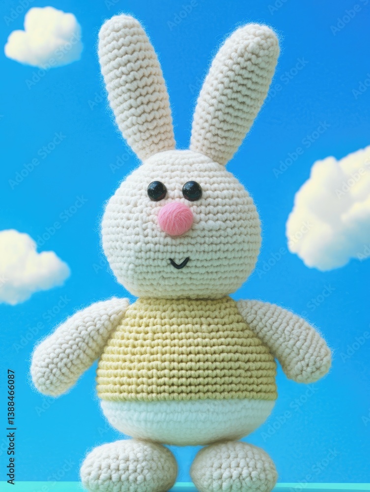 Obraz premium Crocheted bunny toy against a bright blue sky with clouds 