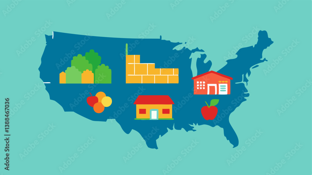 Fototapeta premium Food Deserts Map A simplified map showing areas labeled as food deserts illustrating the lack of access to grocery stores in impoverished neighborhoods.