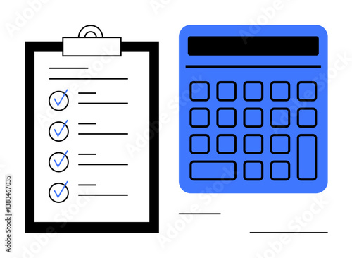 Clipboard with a list of checked items next to a calculator for planning, organizing, budgeting, and productivity. Ideal for task management, accounting, organization, calculation, goal tracking