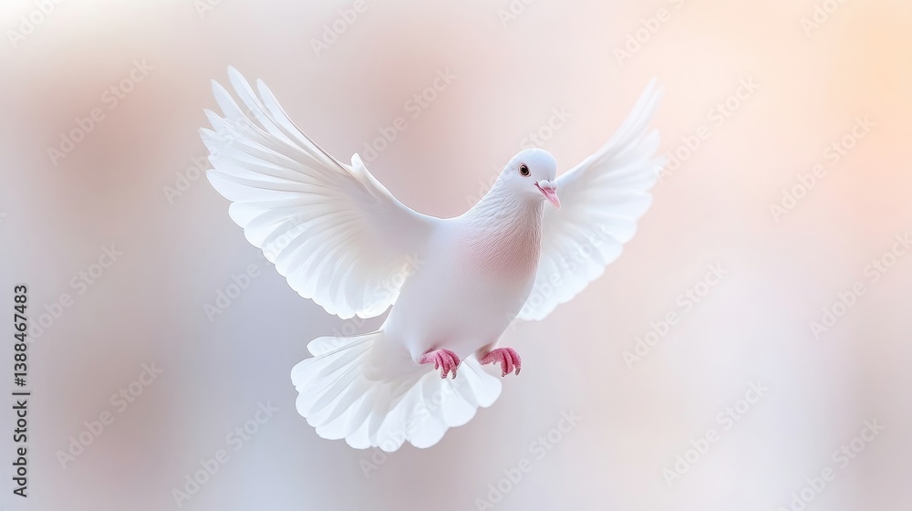 Obraz premium A white dove in flight is the images focus, its wings spread wide. The soft, blurred background enhances the doves purity. The image is high-quality, with soft lighting. The style is peaceful and ser