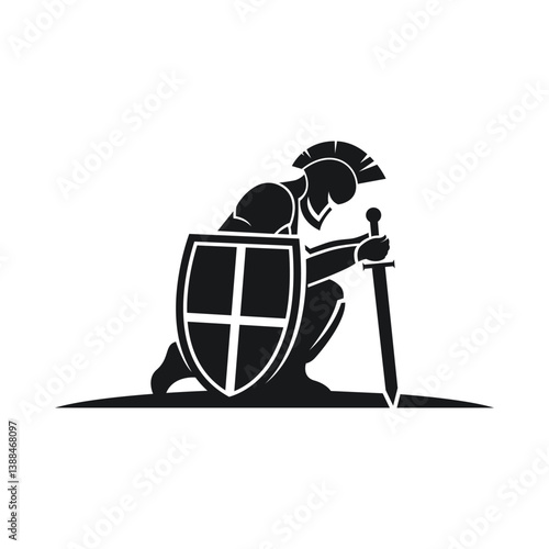 Silhouette of a knight holding a sword and shield logo