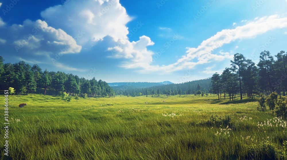 Serene vast grassy meadow bordered by verdant forest under a radiant sky Serene vast grassy meadow bordered by verdant forest under a radiant sky