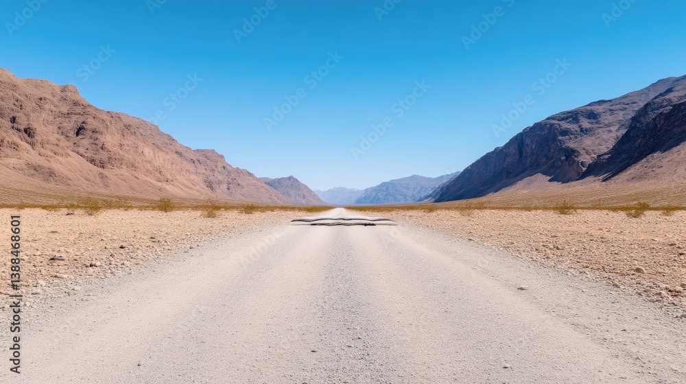 A desert road stretches between mountains under a clear blue sky. The road is light-colored and appears to be gravel. The mountains are tan and brown, framing the road in a symmetrical composition. A desert road stretches between mountains under a clear blue sky. The road is light-colored and appears to be gravel. The mountains are tan and brown, framing the road in a symmetrical composition.