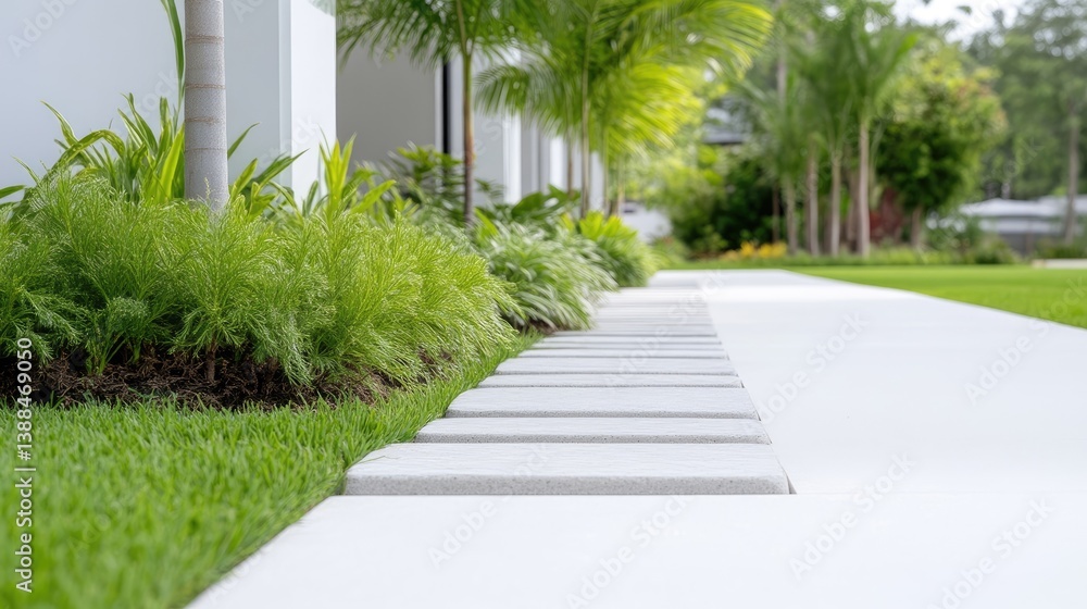 Fototapeta premium Modern walkway flanked by lush landscaping