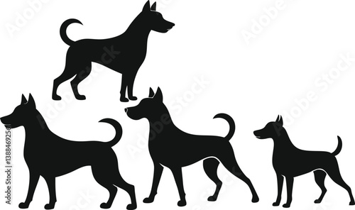 A variant style set of dog silhouette vector. Flat black color dog playing illustration design, dogs symbol isolated on a white background.