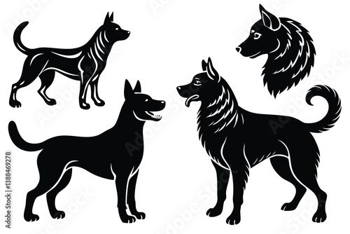 A variant style set of dog silhouette vector. Flat black color dog playing illustration design, dogs symbol isolated on a white background.