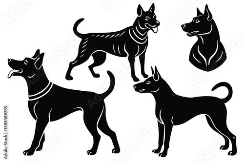 A variant style set of dog silhouette vector. Flat black color dog playing illustration design, dogs symbol isolated on a white background.