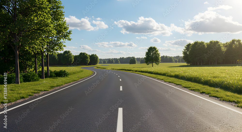 An Empty Countryside Road Surrounded By Trees And Fields In Clear Sky Above, Gentle Curve In The Road, Realistic Lighting An Empty Countryside Road Surrounded By Trees And Fields In Clear Sky Above, Gentle Curve In The Road, Realistic Lighting