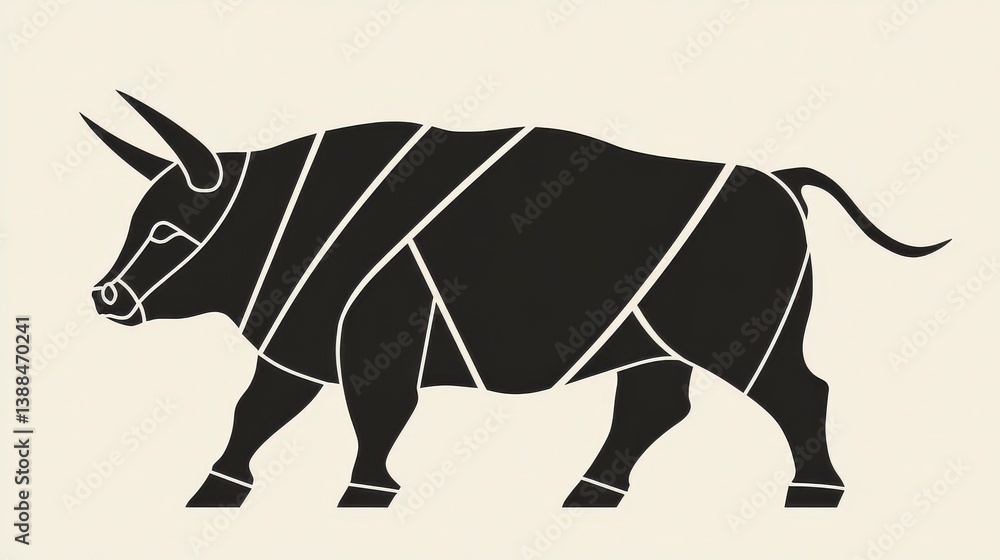 Fototapeta premium Geometric Black Bull Illustration Minimalist Design Beige Background