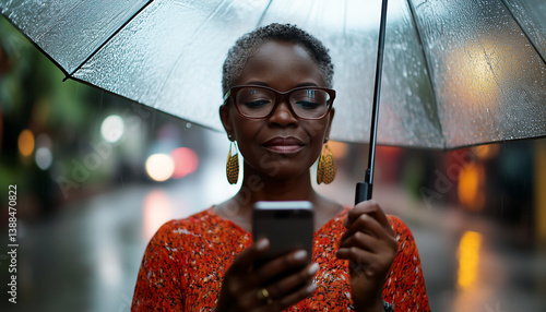 Elegant Black Woman in Red Looks at Phone Under Umbrella, City Lights Background