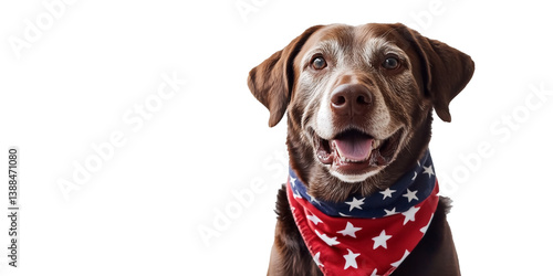 Senior Chocolate Labrador Retriever with White Face in Patriotic Bandana, Isolated Transparent PNG for July 4 or Memorial Day, Looking at Camera