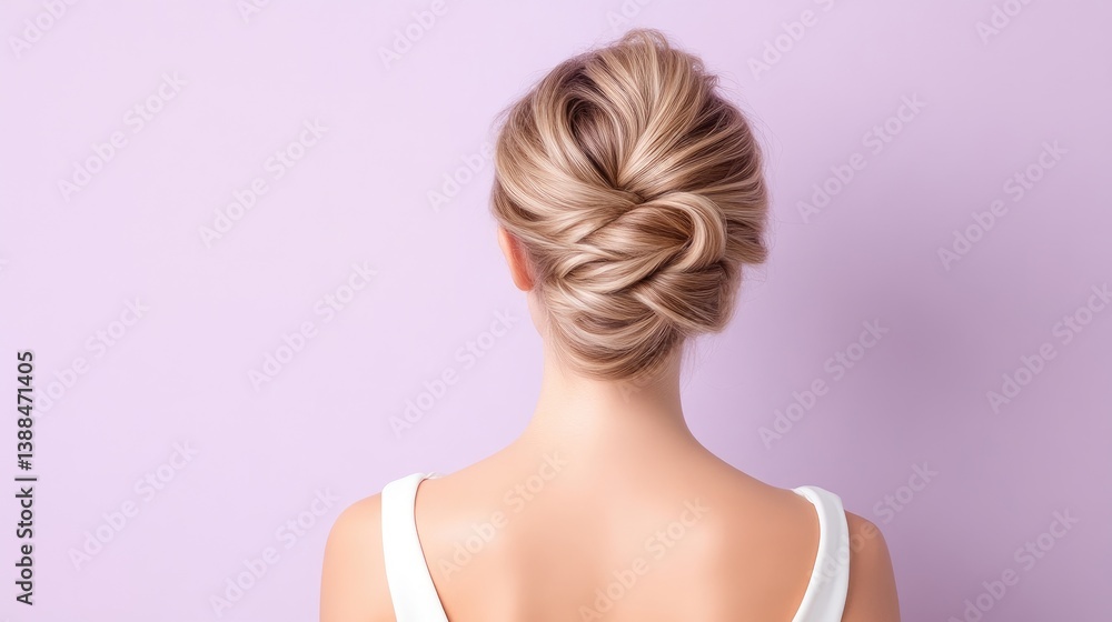 Womans Blonde Updo with White Tank Elegant Studio Style High-Definition Lighting Rear View Soft Texture Wedding Hairstyle Lavender Background Pastel Soft Mood Hair Styling Inspiration Womans Blonde Updo with White Tank Elegant Studio Style High-Definition Lighting Rear View Soft Texture Wedding Hairstyle Lavender Background Pastel Soft Mood Hair Styling Inspiration