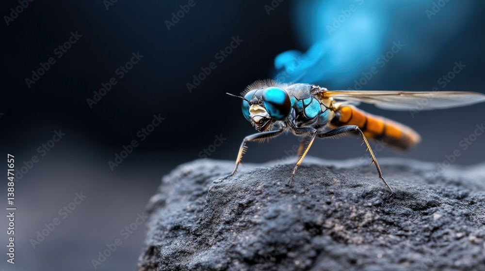 Close-up of a vibrant insect resting on a dark rock Close-up of a vibrant insect resting on a dark rock
