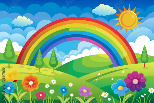 vector of Rainbow over green field with flowers and blue sky.