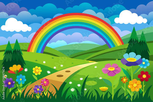 vector of Rainbow over green field with flowers and blue sky.