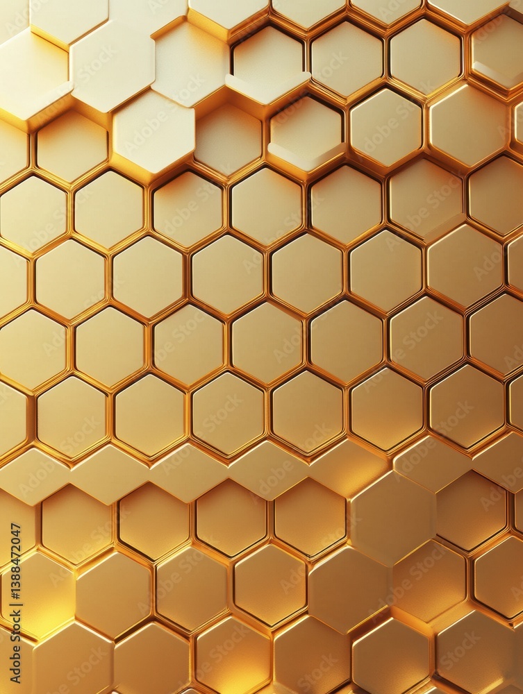 Structured hexagonal honeycomb pattern showcasing golden gradient in modern and organic design style Structured hexagonal honeycomb pattern showcasing golden gradient in modern and organic design style