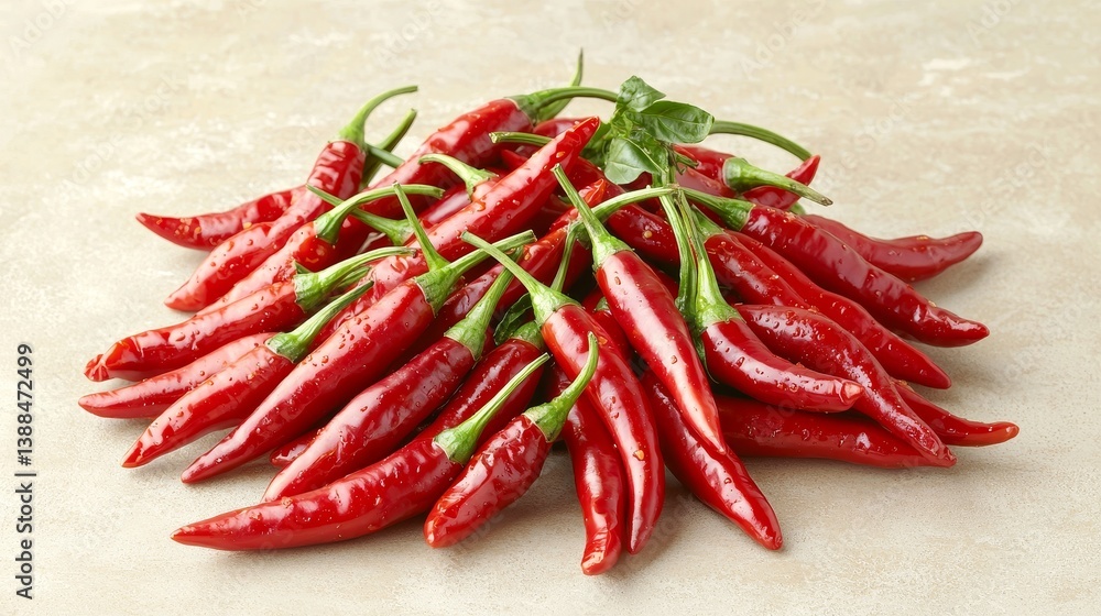 Fresh Red Chili Peppers on a Glossy Surface with Natural Vibrancy and Color Fresh Red Chili Peppers on a Glossy Surface with Natural Vibrancy and Color