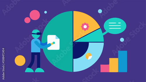 Portfolio Diversification An illustration of a pie chart being filled with different assets managed by an AI figure symbolizing diversified trading strategies.