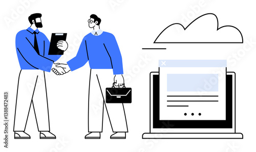 Wallpaper Mural Two professionals shaking hands, holding files, briefcase, next to cloud and laptop. Ideal for partnership, remote work, app development, business deals, technology networking digital systems flat Torontodigital.ca