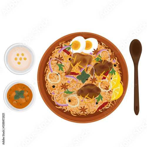Vector Illustration logo Clipart Top View Ready to eat Chicken Biryani