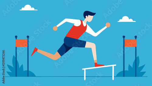 Marathon Runner A runner crossing various hurdles on a track illustrating the persistence required to keep moving towards the finish line with a cheering crowd in the background.
