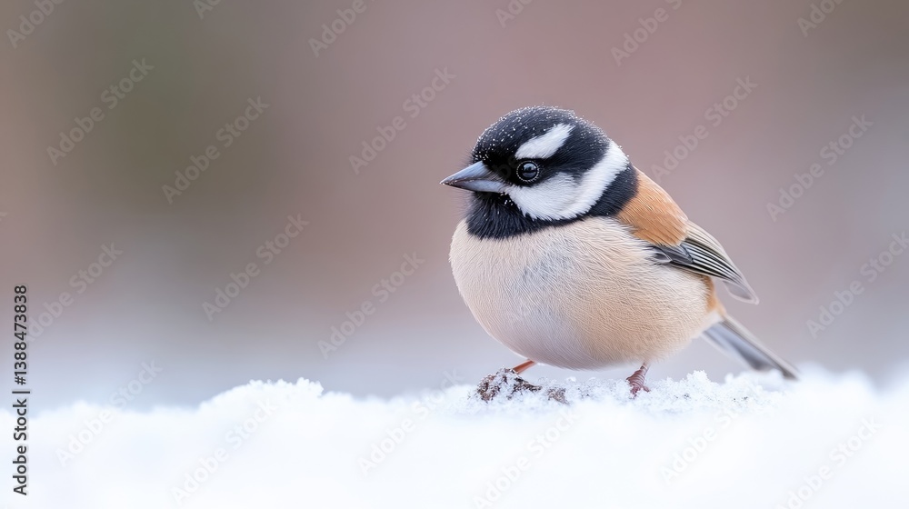 Naklejka premium A small bird, predominantly tan with black and white markings on its head, perches on a patch of snow. The photo is sharply focused on the bird, with a blurred, neutral background. Its a high-qualit