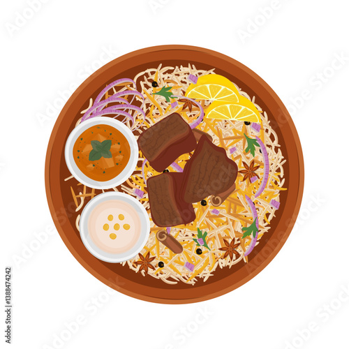 Vector Illustration logo Clipart Top View Beef Biryani or Indian Rice Biryani