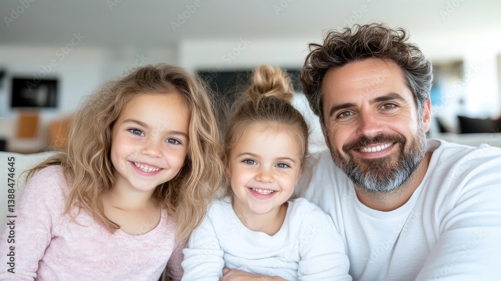 A father with two young daughters smiling together, sitting indoors in a cozy living room, bright natural light, and family bonding moment. A father with two young daughters smiling together, sitting indoors in a cozy living room, bright natural light, and family bonding moment.