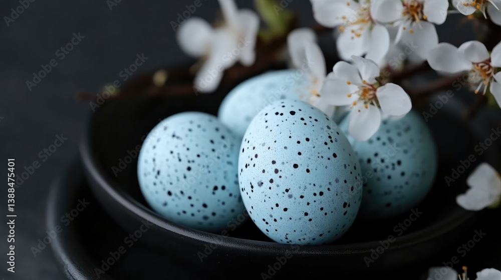 Light blue speckled eggs in a dark bowl, with spring blossoms Light blue speckled eggs in a dark bowl, with spring blossoms