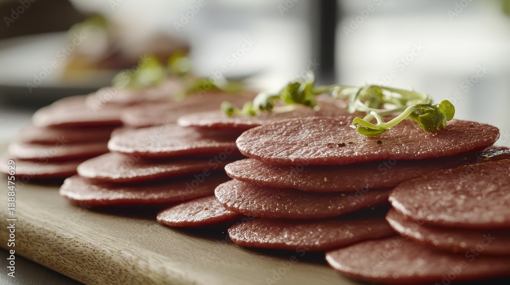 Thick Slices of Raw Beef Tongue with Textured Surface on Wooden Serving Board Thick Slices of Raw Beef Tongue with Textured Surface on Wooden Serving Board