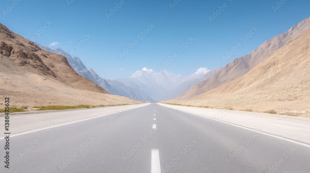 A long, straight highway stretches towards snow-capped mountains under a clear blue sky. The road is flanked by tan, arid hillsides. The image is high-quality, with sharp details and bright lighting. A long, straight highway stretches towards snow-capped mountains under a clear blue sky. The road is flanked by tan, arid hillsides. The image is high-quality, with sharp details and bright lighting.