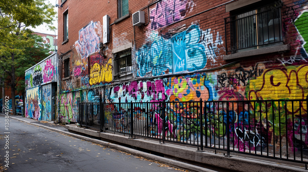 Fototapeta premium Immerse yourself in urban artistry with an alley wall adorned in vibrant graffiti that transforms everyday spaces into dynamic urban masterpieces of creative expression.