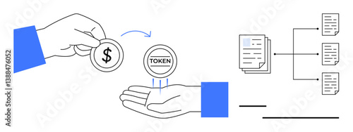 Hand exchanging dollar for token, showcasing digital transactions with a document flow structure. Ideal for blockchain, cryptocurrency, finance, fintech, digital payment, asset management, flat