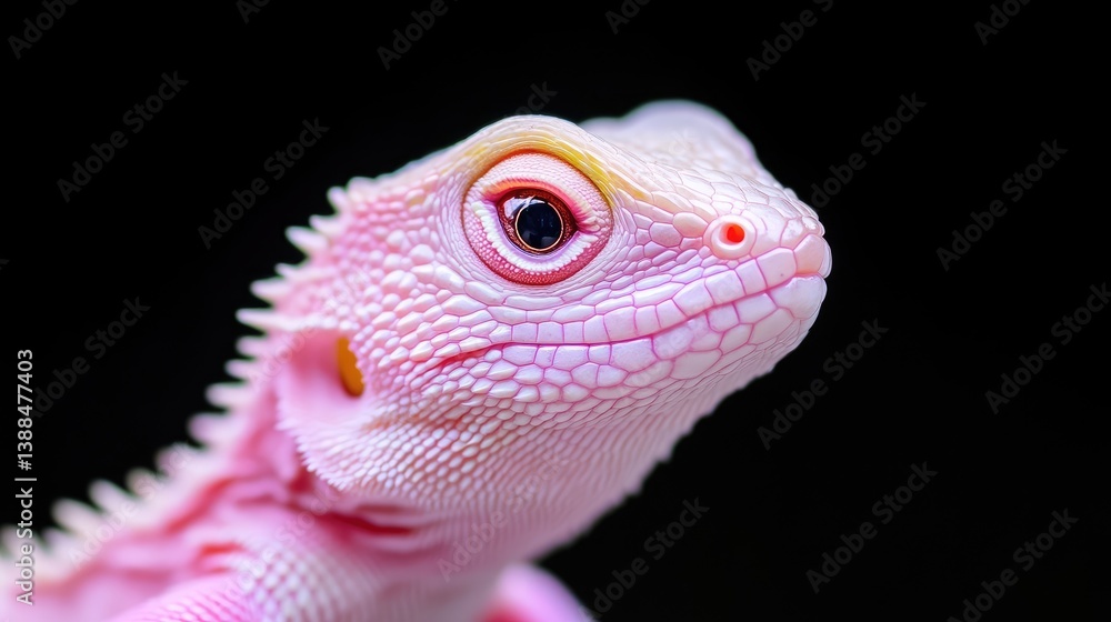 Obraz premium A pink lizard is shown in close-up, its textured skin and expressive eye detailed. The lizard is the central focus against a black background. The image is high-quality, with sharp focus and excellent