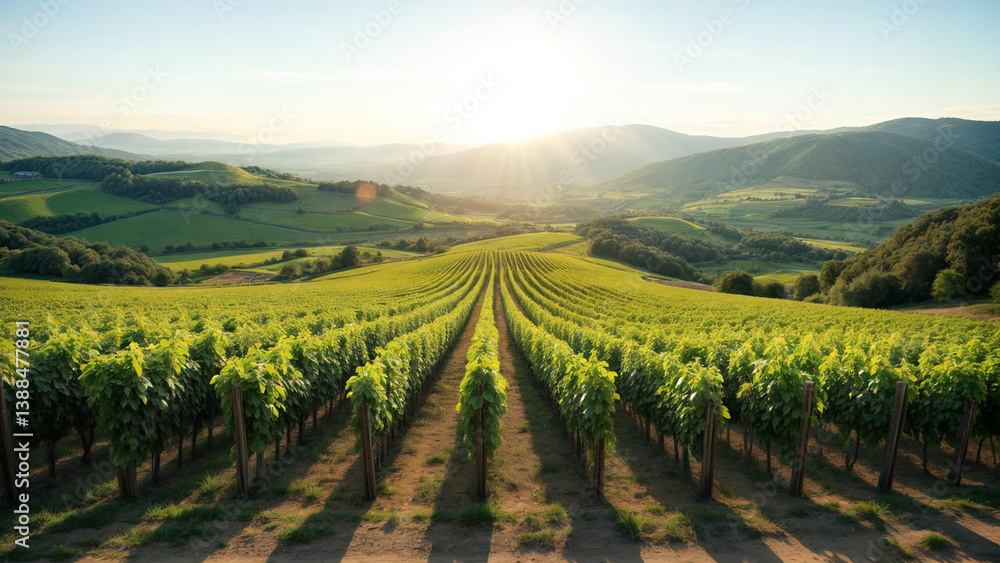 Fototapeta premium A panoramic view of a lush vineyard in summer with ripening grapes and rolling hills 