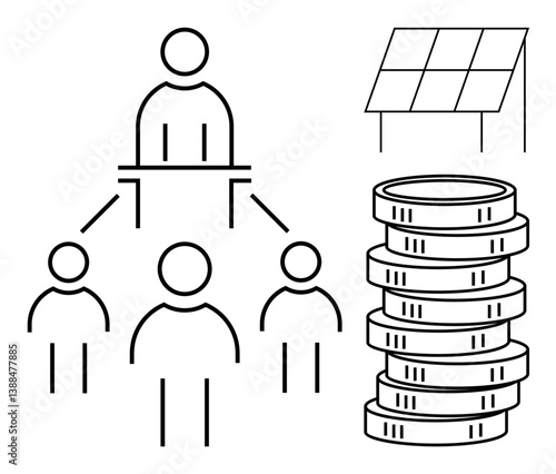 Leadership figure connected to three team members, solar panel highlighting renewable energy, coin stack symbolizing finance or investment. Ideal for leadership, teamwork, sustainability, energy