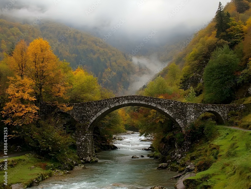 Stone arch bridge over a river in a misty autumnal valley. Stone arch bridge over a river in a misty autumnal valley.