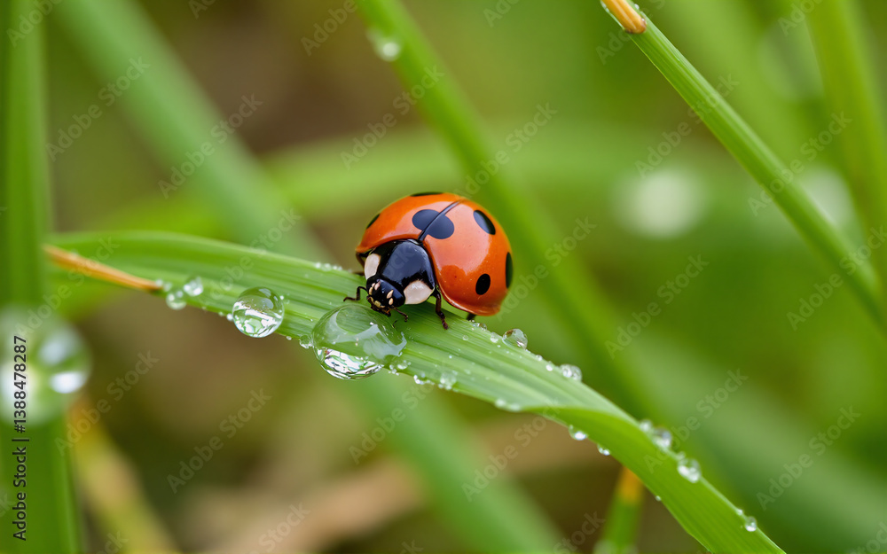 Close-up of a ladybug, red with black spots, is perched on a green blade of grass covered in water droplets. Soft blurred green background. Close-up of a ladybug, red with black spots, is perched on a green blade of grass covered in water droplets. Soft blurred green background.