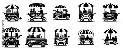 vector set of silhouettes of street food carts selling hot dogs