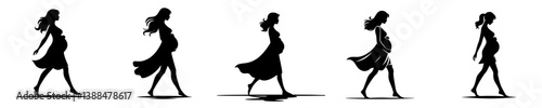 pregnant woman walking silhouette vector set