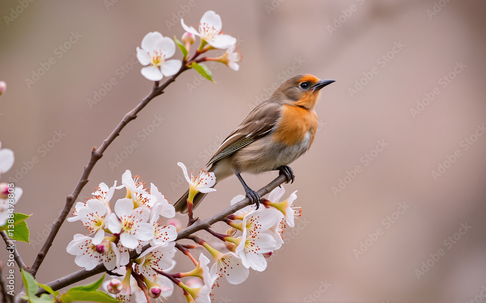 A robin rests upon a flowering branch with white blossoms, creating a serene spring scene. The soft focus background highlights the bird and delicate petals. A robin rests upon a flowering branch with white blossoms, creating a serene spring scene. The soft focus background highlights the bird and delicate petals.