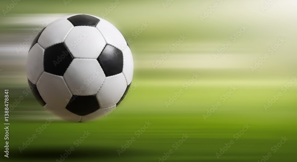 Fototapeta premium Soccer ball in motion on green field background with copy space. Sport equipment for World Cup, Champions League. Concept for football match, game day, betting